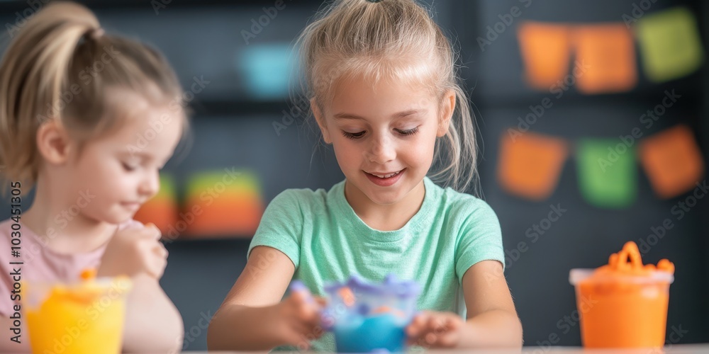 Two children engage in creative play with colorful materials, fostering imagination and artistic expression indoors. Two children engage in creative play with colorful materials, fostering imagination and artistic expression indoors.