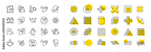 Stop touch face, eyes and medical mask. Design shape elements. Touch warning line icons. Covid cough symptoms, wash and disinfect hands icons. Vector