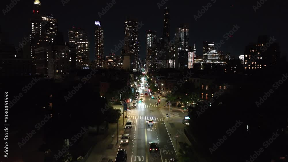 Aerial view of Brooklyn streets at night
