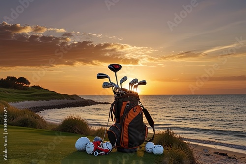 Idyllic shot of sunset by the sea waters, warm, orange and red colors and bag with golf club equipment