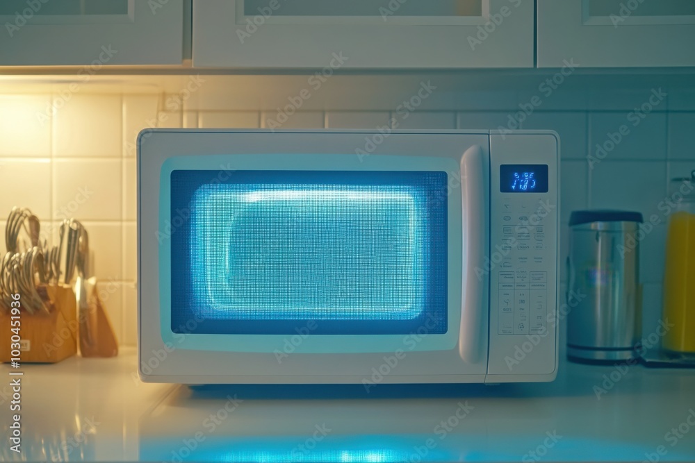 Obraz premium Futuristic microwave glowing with digital controls in a modern kitchen