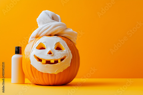 Beauty spa relaxation pumpkin, facial skincare advertisement humor for October, November special for women. Seasonal Thanksgiving sales add with funny healthy carved Halloween pumpkin, head towel