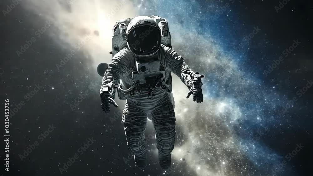 An astronaut floats in space, surrounded by stars and a swirling nebula An astronaut floats in space, surrounded by stars and a swirling nebula