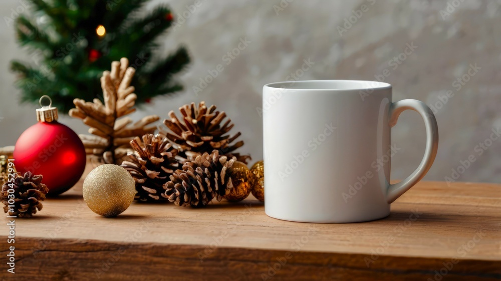 Christmas-themed mockup with a white mug placed among festive decorations on a rustic wooden table. Ideal for holiday and seasonal designs. Christmas-themed mockup with a white mug placed among festive decorations on a rustic wooden table. Ideal for holiday and seasonal designs.