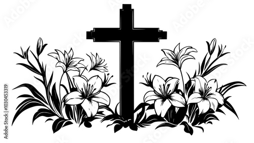 Altar arrangement of lilies flanking a crucifix, vector illustration art