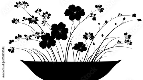 An Ikebana display featuring a large flower surrounded by bare stems in a simple container, vector illustration art