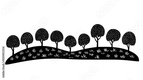Apple orchard with trees in neat rows, vector illustration art