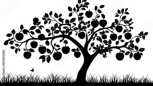Apple tree laden with ripe fruit in an autumn orchard, vector illustration art