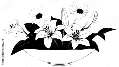 Arrangement of lilies and daisies in porcelain bowl, vector illustration art