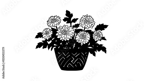 Arrangement of chrysanthemums in a basket at a reception, vector illustration art