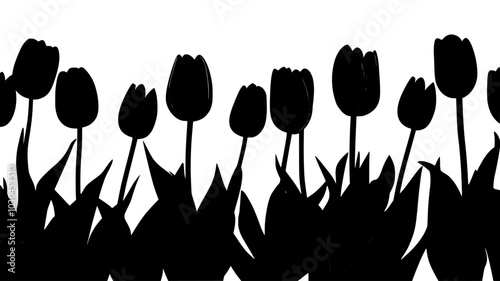 A bed of single tulips growing in uniform rows in an outdoor garden, vector illustration art