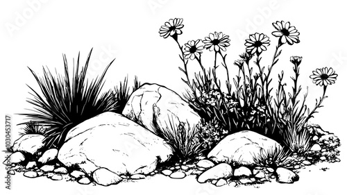 Blanket flowers in a xeriscape garden with rock mulch, vector illustration art