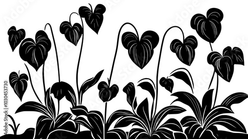 Bleeding heart plant growing in a shade garden setting, vector illustration art