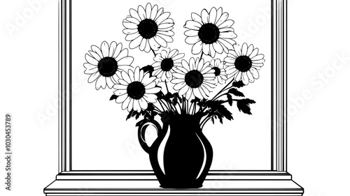 Bouquet of daisies in a ceramic vase on a windowsill, vector illustration art