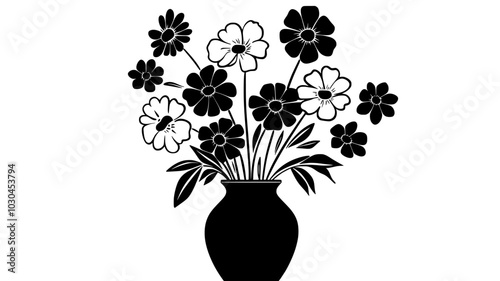 Bouquet of mixed flowers resting in a cylindrical ceramic vase, vector illustration art