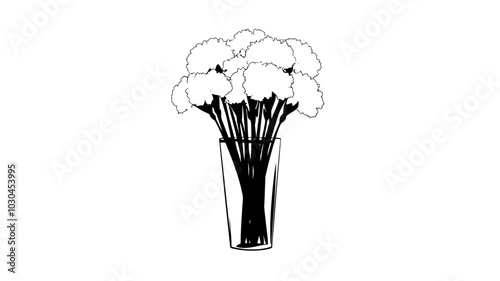 Carnations in a tall glass container with fanned petals, vector illustration art