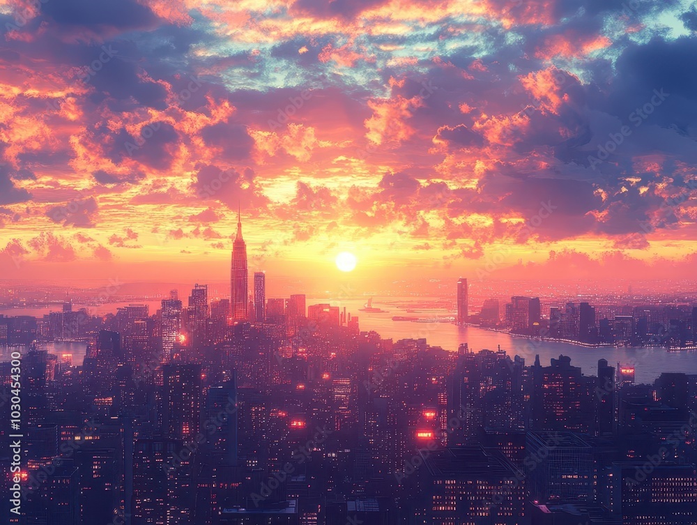 Fototapeta premium city skyline illuminated at sunset, showcasing a blend of architectural styles against a backdrop of warm, fading daylight, creating a dynamic urban atmosphere filled with possibilities and vibrancy