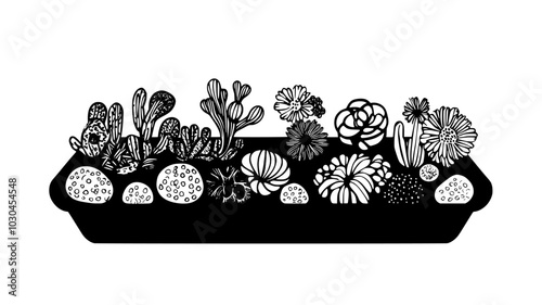 Collection of lithops in a shallow tray on a sunny ledge, vector illustration art photo