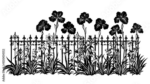 Irises blooming near a decorative fence in a perennial garden, vector illustration art