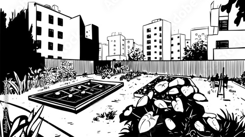 Community garden plots in a vacant lot between buildings, vector illustration art