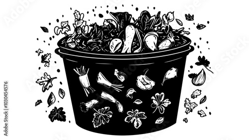 Compost bin filled with kitchen scraps and yard waste, vector illustration art