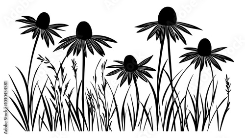 Coneflowers in a prairie landscape with tall grasses, vector illustration art