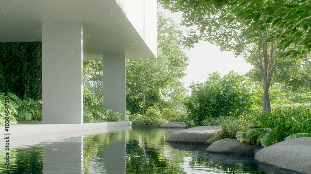 Eco-Friendly Modular Home 3D Render with Tranquil Garden Oasis and Pond for Relaxation and Nature Connection Eco-Friendly Modular Home 3D Render with Tranquil Garden Oasis and Pond for Relaxation and Nature Connection