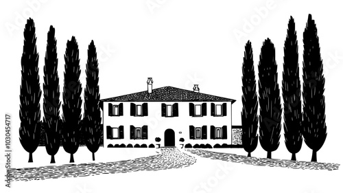Cypress trees lining driveway to stone farmhouse, vector illustration art