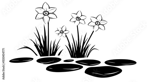 Daffodils growing in clusters along a stone pathway, vector illustration art