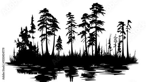 Cypress trees with knees in a swampy forest, vector illustration art