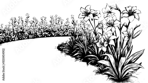 Daylilies lining a driveway with a variety of flower forms, vector illustration art