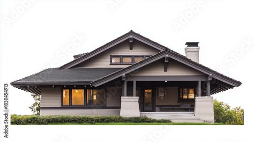 Craftsman-style bungalow with low-pitched roof and exposed beams isolated on white background photo