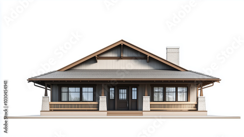 Craftsman-style bungalow with low-pitched roof and exposed beams isolated on white background