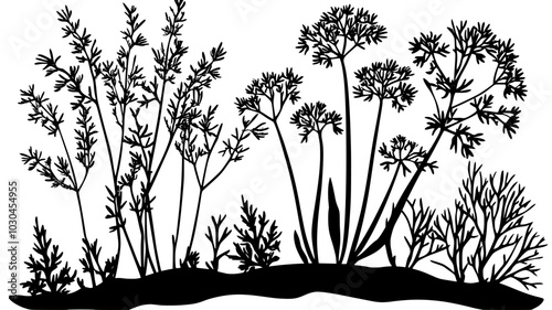 Dill plants with feathery foliage in vegetable garden, vector illustration art