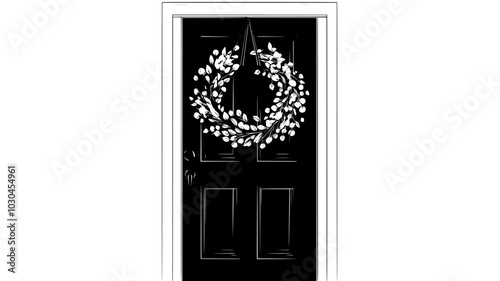 Dried flower wreath hanging on a wooden door for seasonal decoration, vector illustration art