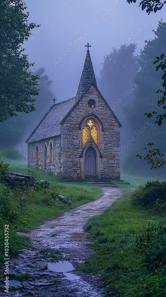 Serene Countryside Chapel: Morning Mist Envelops a Charming Stone Façade Serene Countryside Chapel: Morning Mist Envelops a Charming Stone Façade