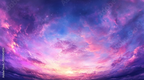 Dreamy sky collage with purples, blues, and pinks blending into a surreal, otherworldly twilight landscape, perfect for a fantasy setting.