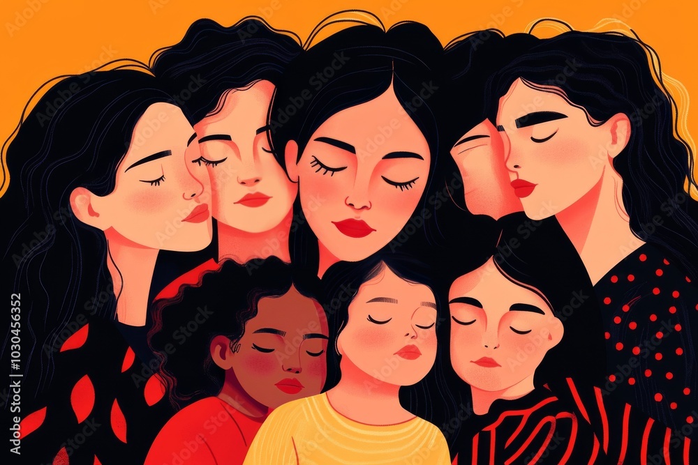 Group of diverse women embracing each other symbolizing sisterhood support and emotional unity in a warm vibrant illustration with bold colors and expressive lines Group of diverse women embracing each other symbolizing sisterhood support and emotional unity in a warm vibrant illustration with bold colors and expressive lines