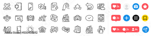 Ad, Power certificate and Accounting wealth line icons pack. Social media icons. Video conference, Time management, Diesel station web icon. Stars, Petrol station, Search pictogram. Vector