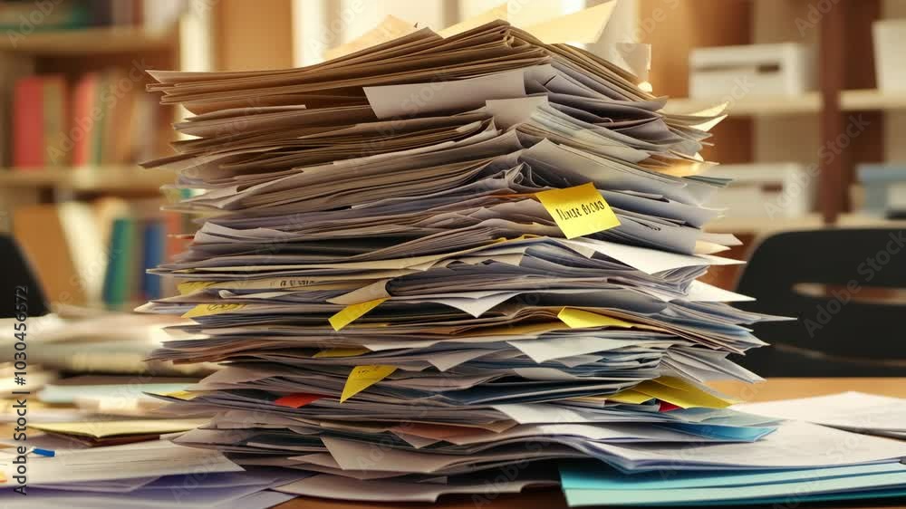 A large stack of papers sits on a desk in an office