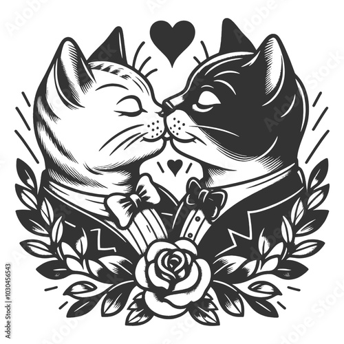 cats in formal attire kissing, surrounded by hearts and floral elements, love and romance with a whimsical touch sketch engraving generative ai vector illustration. Black and white image.