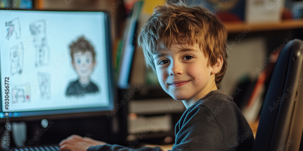 Young boy with a picture drawn of himself using the computer. Stock ...