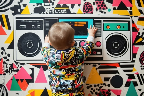 A young child dressed in colorful clothing interacting with a vintage 90s-style boombox against a vibrant background.