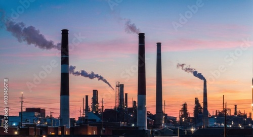 Bright sky highlighting smokestacks, creating a stark industrial scene.