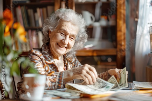 An elderly happy woman is sitting at the kitchen table and counting money, inheritance, paying bills