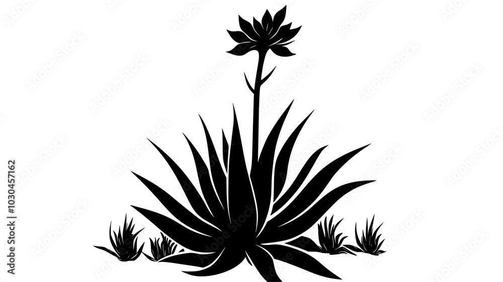 Agave plant with a tall flower stalk rising from its rosette, vector illustration art Agave plant with a tall flower stalk rising from its rosette, vector illustration art