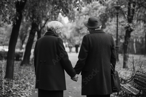 An elderly couple walking hand in hand through a park surrounded by autumn leaves.