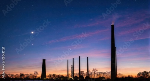 Bright sky highlighting smokestacks, creating a stark industrial scene.