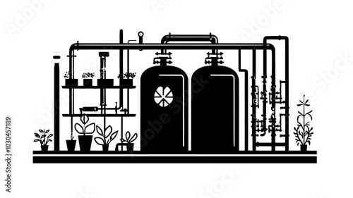 Algae cultivation tanks at a biofuel production facility, vector illustration art