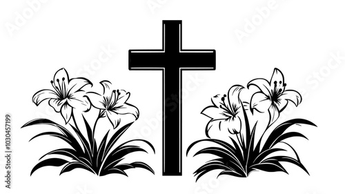 Altar arrangement of lilies flanking a crucifix, vector illustration art